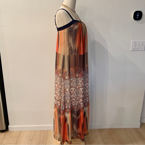 Bebe Orange Blue Floral Boho Printed Chiffon Babydoll Maxi Dress - Picture 3 of 14